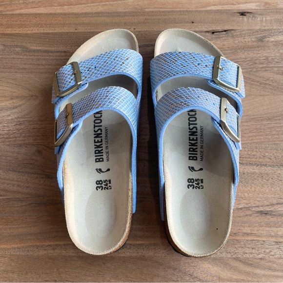 NWOT Birkenstock Arizona dusty blue flat shiny python sandals, size 38 - Picture 9 of 14